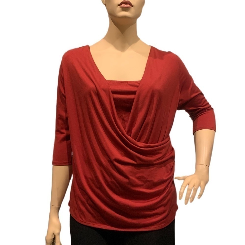 Igigi Jersey Top Faux Wrap Layered Look Red 3/4 Sleeves Cami Ruching Plus 18/20